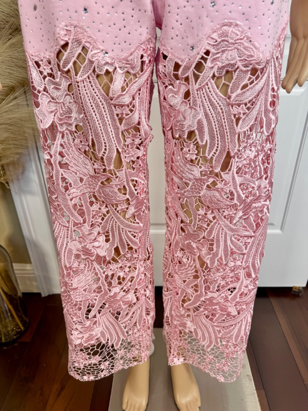 PINK HIGH WAIST CRYSTAL EMBELLISHED CURVE HUGGING WIDE LEG LACE JEANS - Picture 6 of 15
